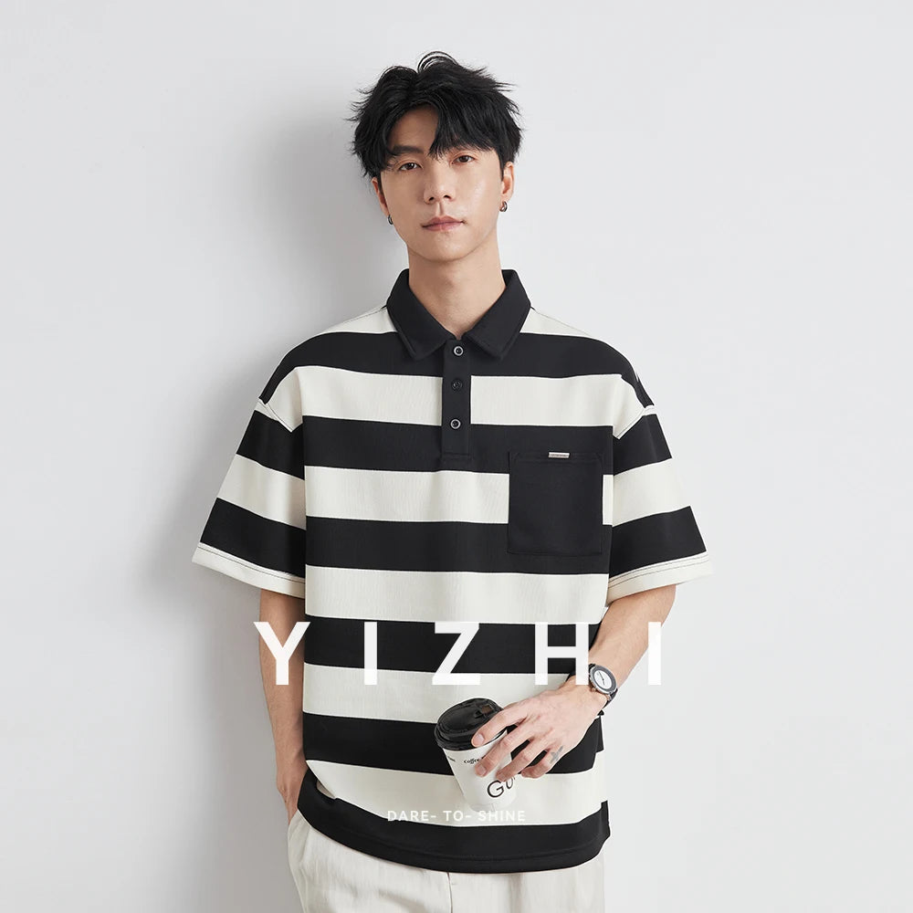 Korean Retro Striped Color Blocked Short Sleeved Men's Trend Loose And Versatile Polo Shirt