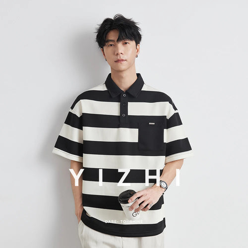 Korean Retro Striped Color Blocked Short Sleeved Men's Trend Loose And Versatile Polo Shirt