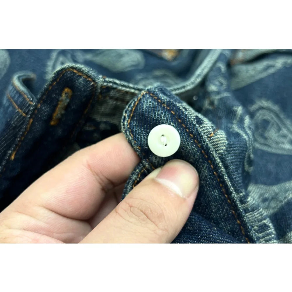 Men's retro American jacquard wash long-sleeved denim cargo loose casual shirt