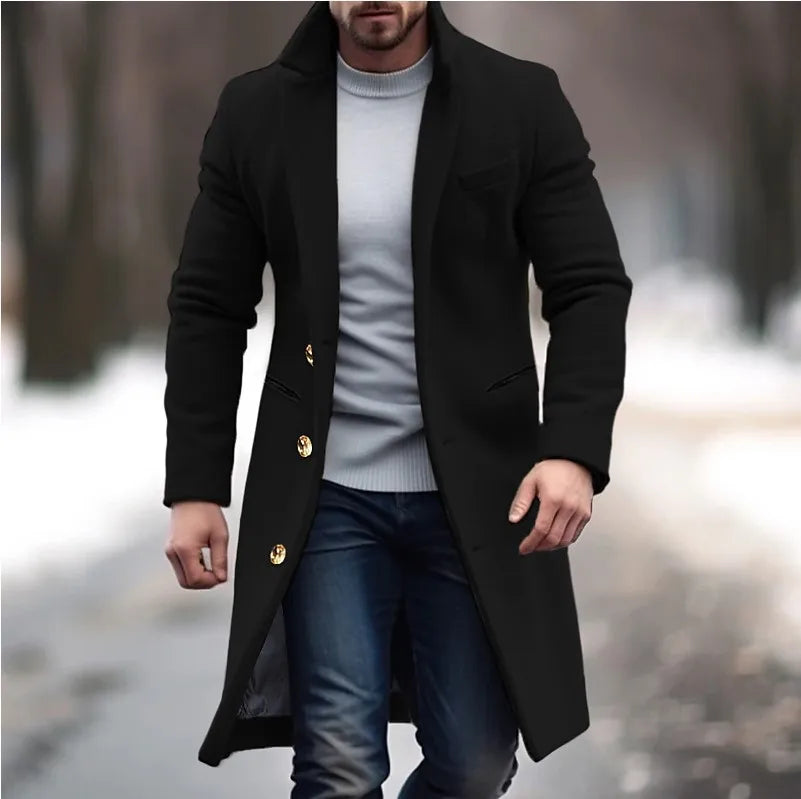 Men Elegant Woolen Jacket with Lapel Pockets Slim Solid Color Collar Trench Coat