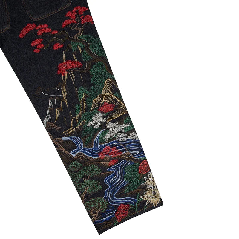 High Quality Washed Crane Landscape Embroidery Vintage Japanese Straight Leg Jeans Men's Streetwear