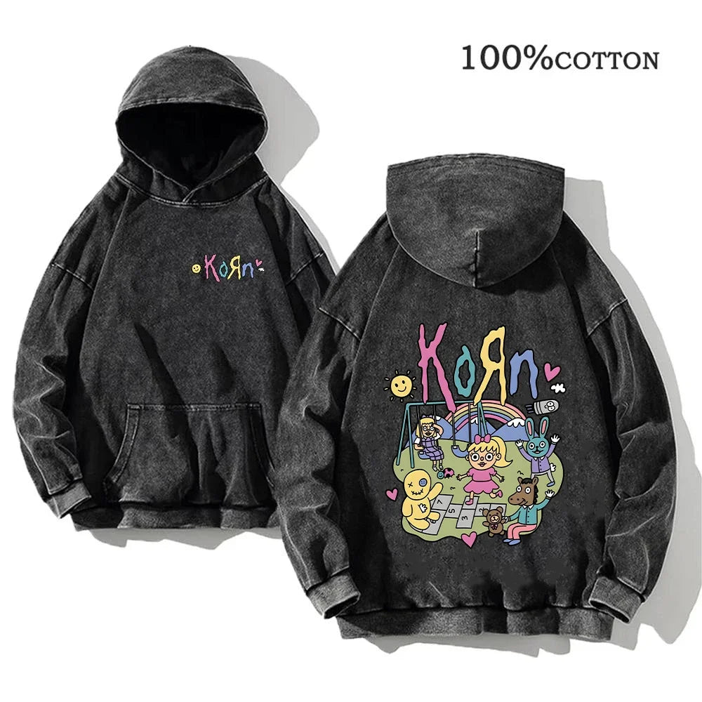 Korn World Tour Hoodies Vintage Washed Men's Sweatshirts Cotton Streetwear Hooded Pullover