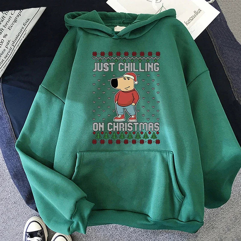 Just a on Chill Guy Christmas Men Oversized Sweatshirt Pullover Hooded Streetwear