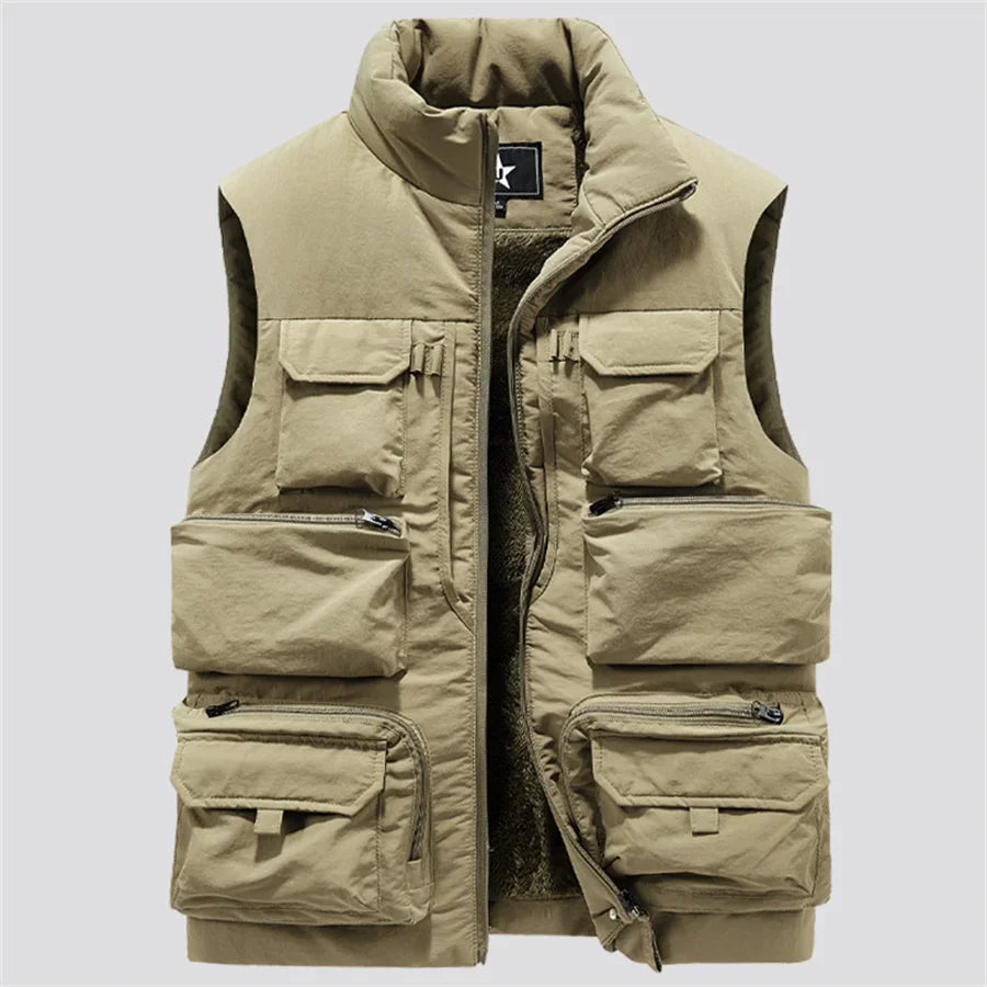 Cargo Vest Thick Fleece Warm Solid Color Tactical Men Waistcoat