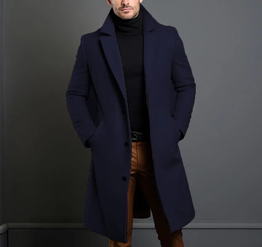 Men Elegant Woolen Jacket with Lapel Pockets Slim Solid Color Collar Trench Coat