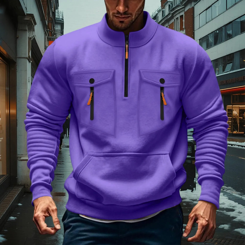Quarter Zipper Men Stand Up Collar Sweatshirt cargo Long Sleeve Sweatshirt