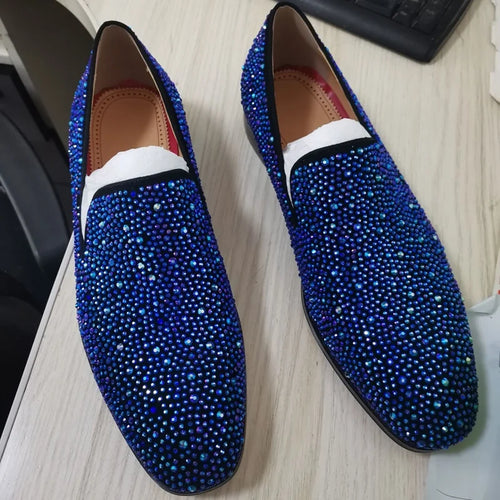 Royal Blue Rhinestone Loafers Luxury Men's Dress Shoes Slip On Leather Flats