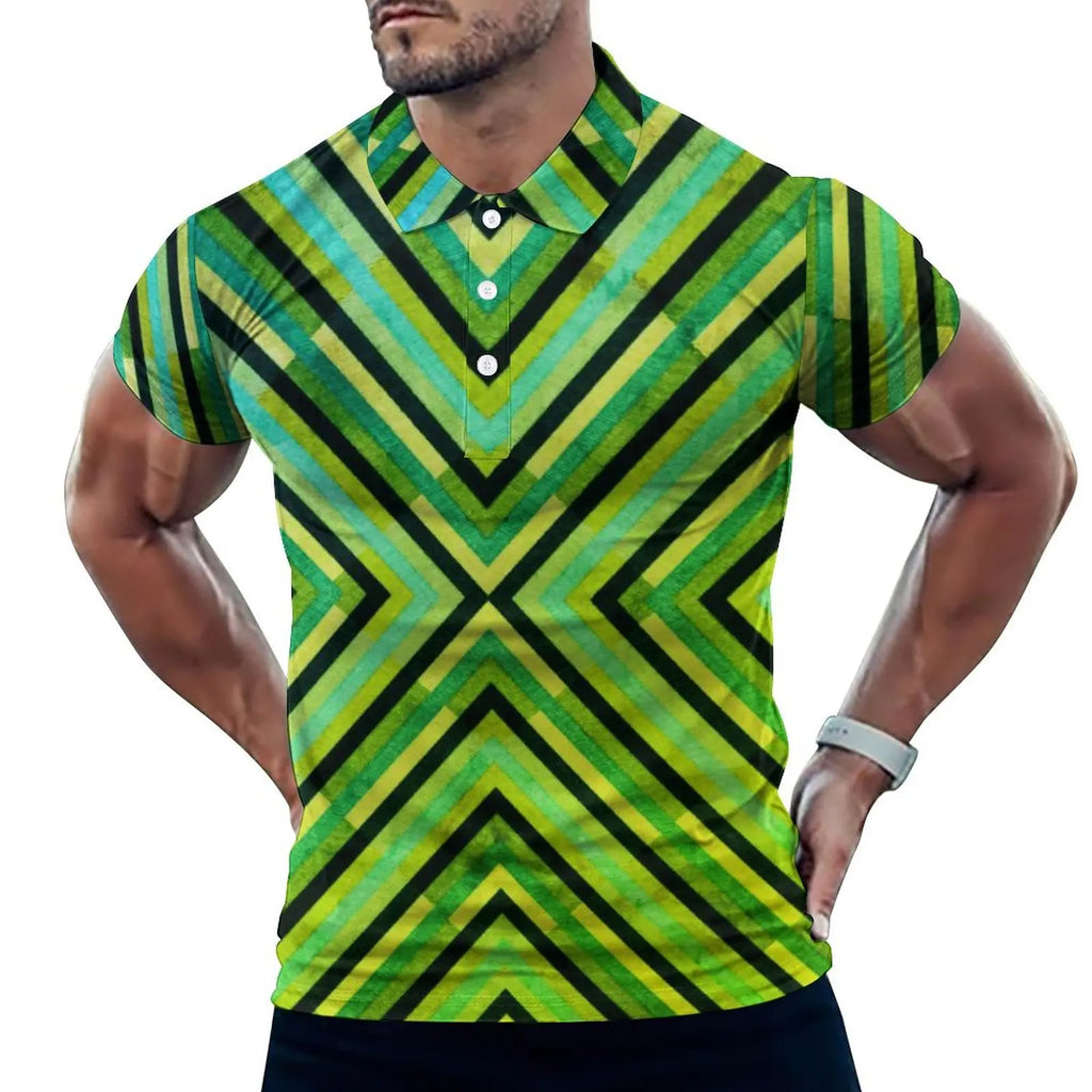 Multi Geometric Print Polo Mondrian Style Streetwear T-Shirts Collar Oversized Clothing
