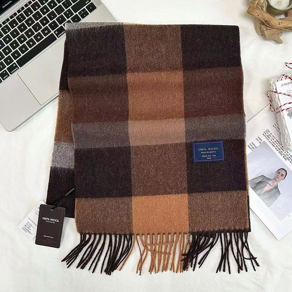Men 100% Wool Plaid Muffler Cashmere Windproof Stripe Tassel Shaw Thick Scarf