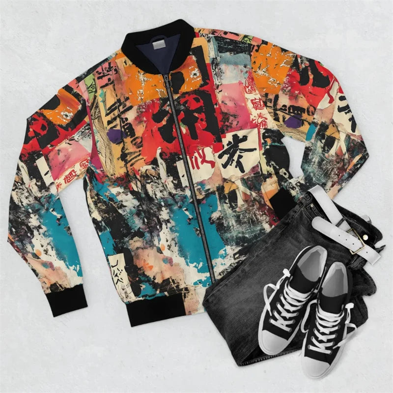 Harajuku Japanese Graffiti Men's Oversized 3D Long Sleeve Zipper Bomber Jackets