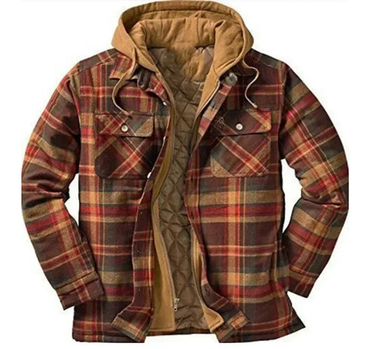 Men's Long Sleeve Hooded Flannel Plaid Button Down Sherpa Jackets