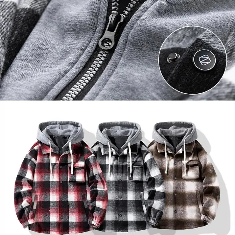 Plus Size Men's Fake 2pcs High Quality Cotton Plaid Loose Hooded Shirt Jackets