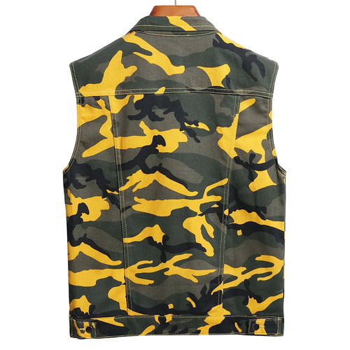 Men Camouflage Denim Vest Causal Loose Cotton Coat Streetwear Outerwear
