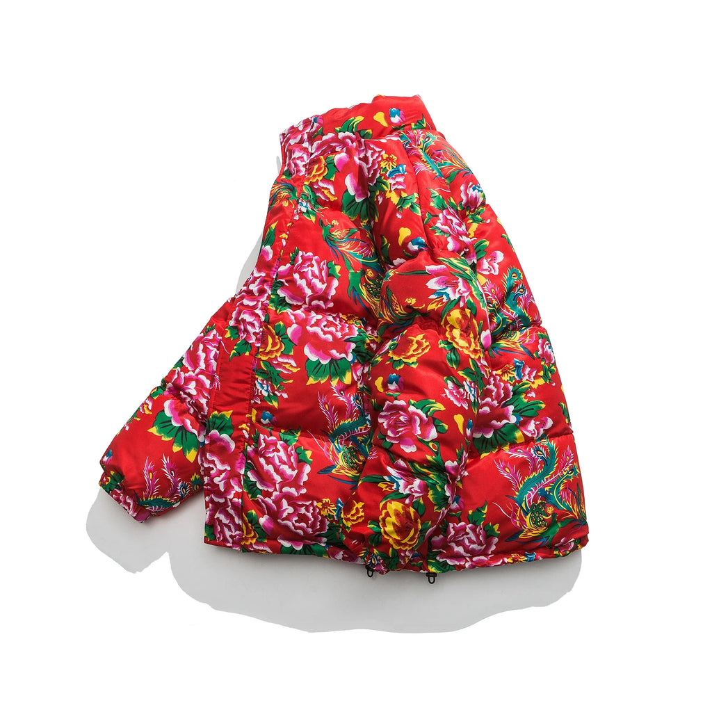 Winter Puffer Jacket Chic Flower Print Zipper Vintage Men's Chinese Patter Short Parkas