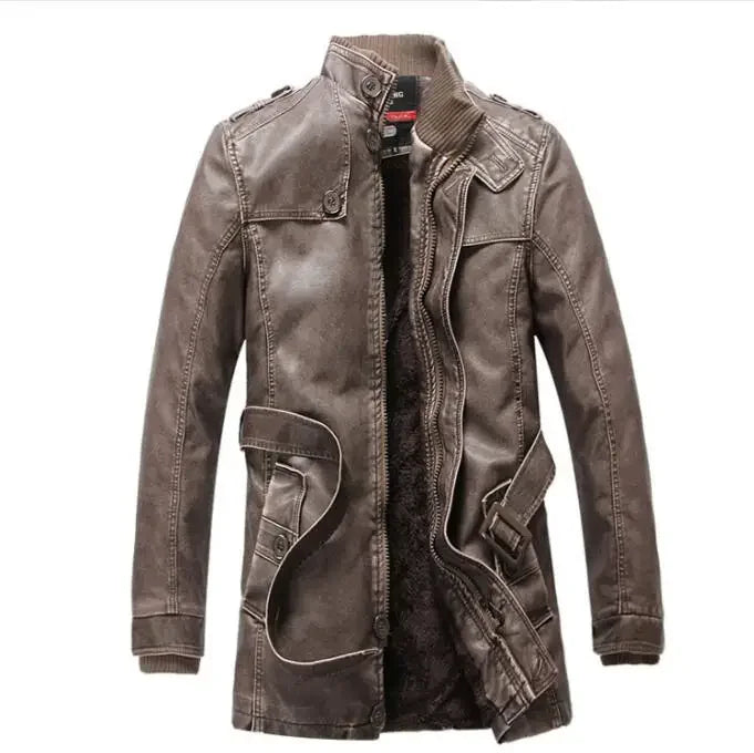 Men's Thick Fleece Leather Jacket Long Vintage Steampunk Biker clothing