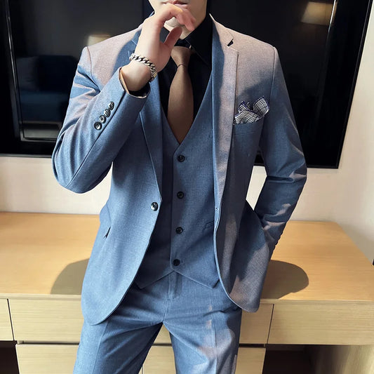 (Blazer + Vest + Trousers) Men's Suit Gentleman Business British Style Slim Formal 3-piece Set