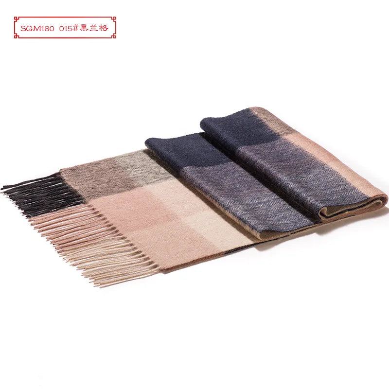 High Quality 100% Wool Men Korean Long Plaid Muffler Thermal Shawl