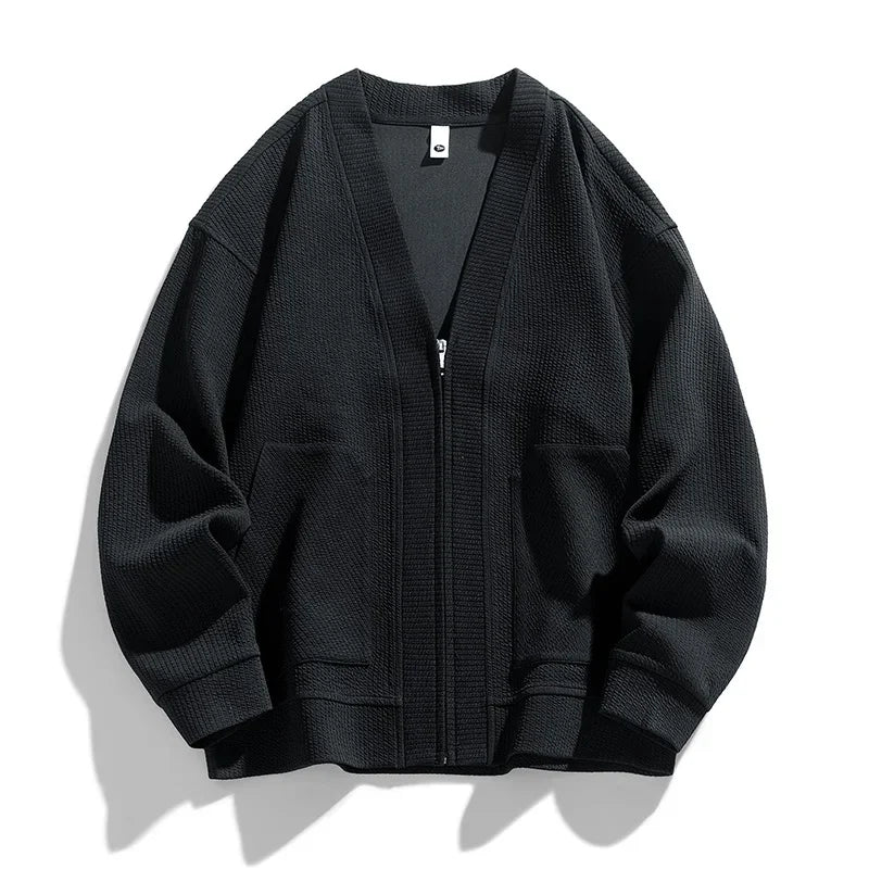 Men Cardigan Pockets Coat Oversize Simple Thin Zipper Loose Sweater