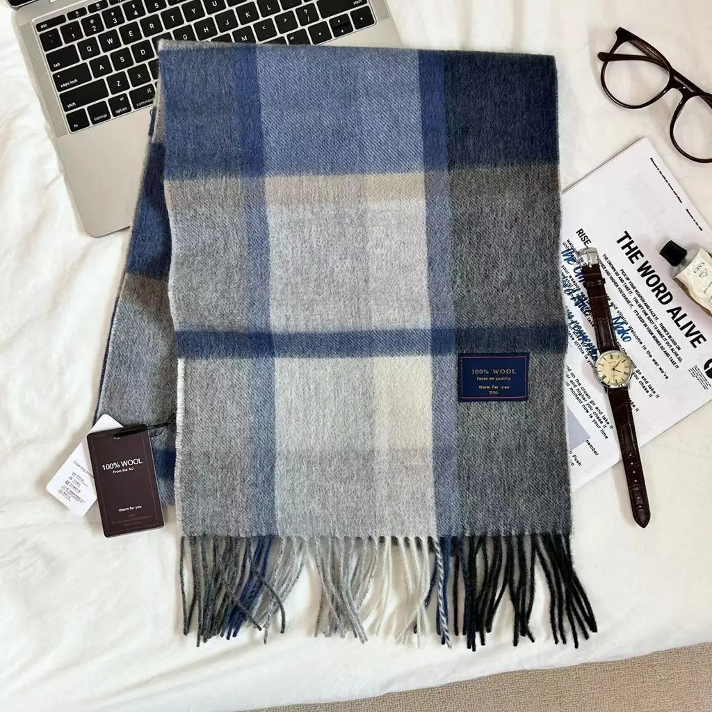 Men 100% Wool Plaid Muffler Cashmere Windproof Stripe Tassel Shaw Thick Scarf