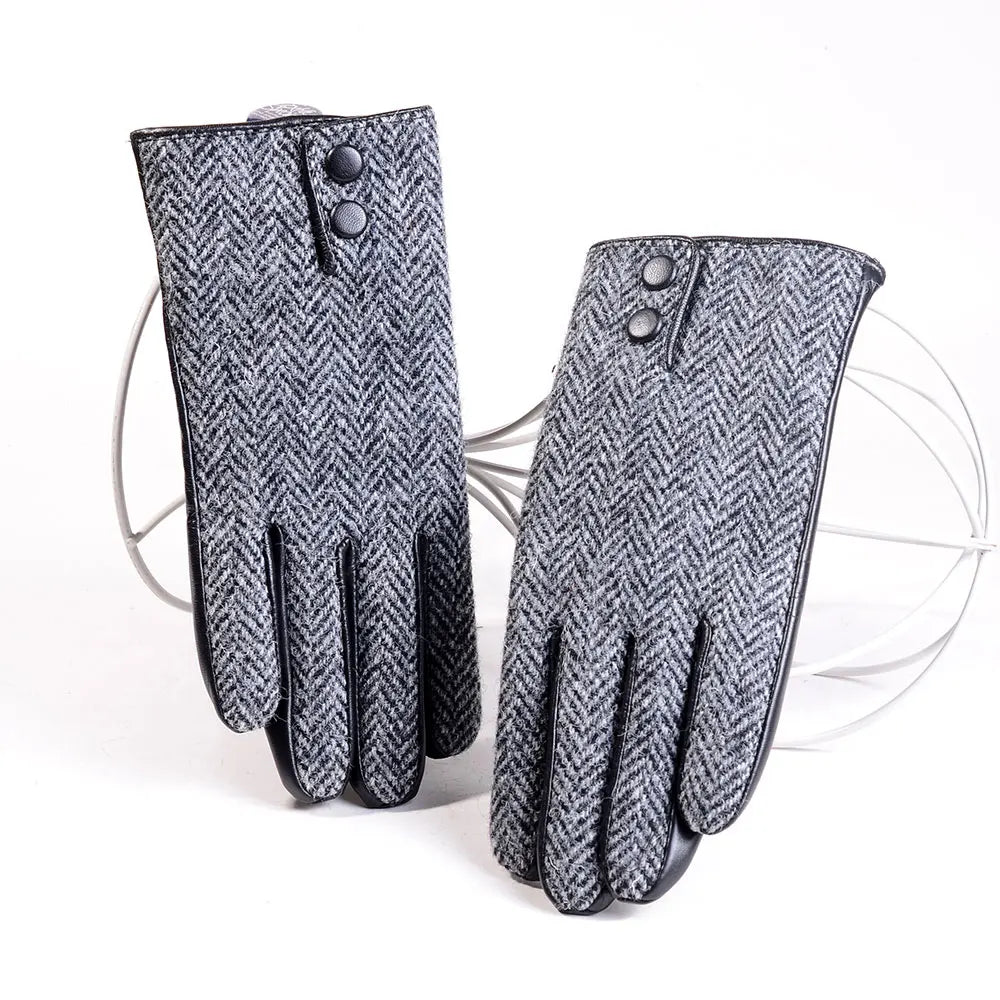 Men's Male Wool Tweed & Leather Warm Thicker Lining Short Gloves