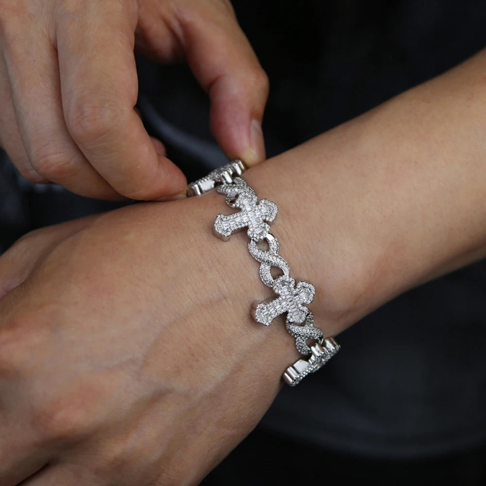 Iced Out Cross Infinity Charm Bracelet Micro Paved Cubic Zirconia For Men Hip Hop Jewelry