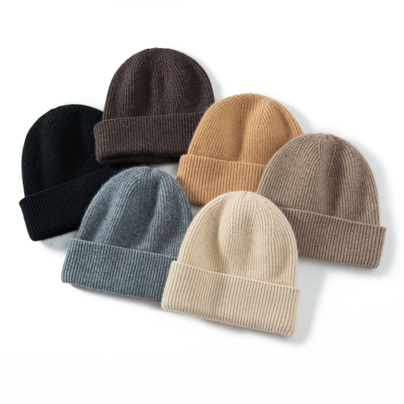 High Quality 100% Cashmere Knitted Casual Beanie Hat Soft Warm Caps