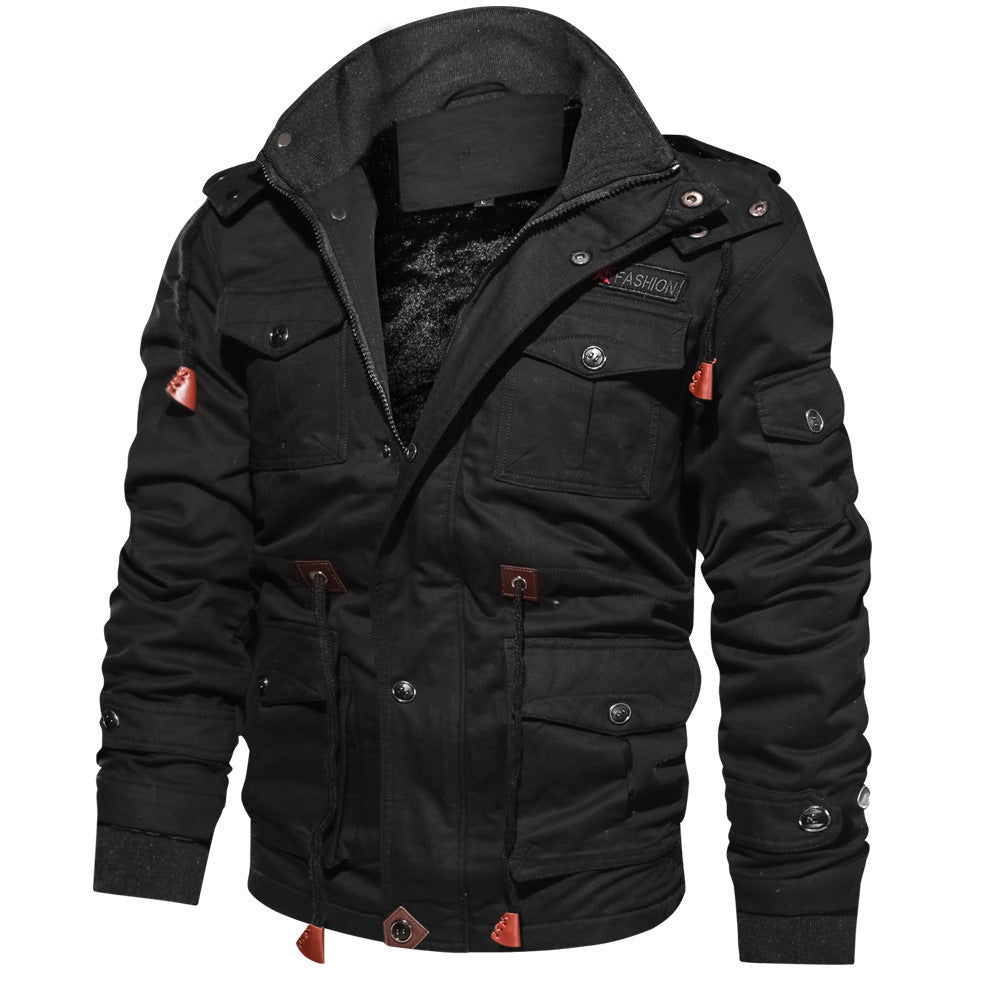 Winter Zip-up Coat Warm Thickened Detachable Hooded Jacket Multi-pocket  Button Drawstring Long Sleeve Tops Men's Cargo Clothing