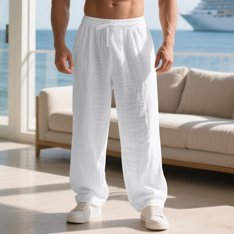 Linen Solid Color American Autumn Weiyi Casual Men's Loose Plus Size Wide Legs Beach Trousers Men