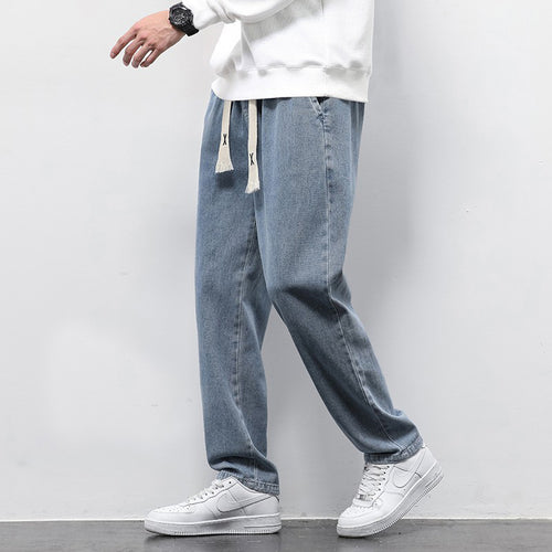 Loose Wide Leg Jeans Pants Men Fashion Drawstring Elasticated Straight Trousers