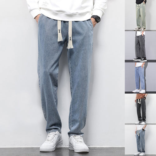 Loose Wide Leg Jeans Pants Men Fashion Drawstring Elasticated Straight Trousers